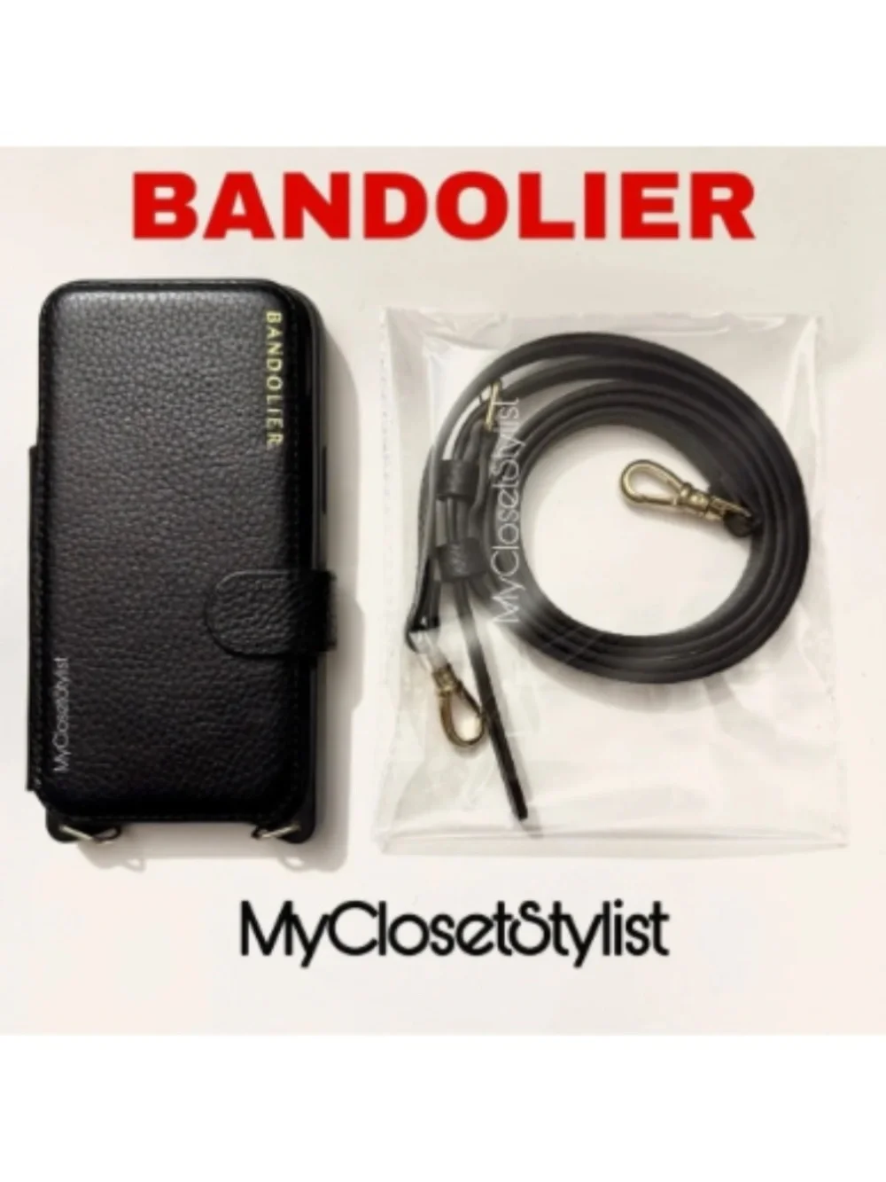 NEW Bandolier Black Leather FOLIO 12& Pro Gold iPhone Crossbody Purse CASE STRAP